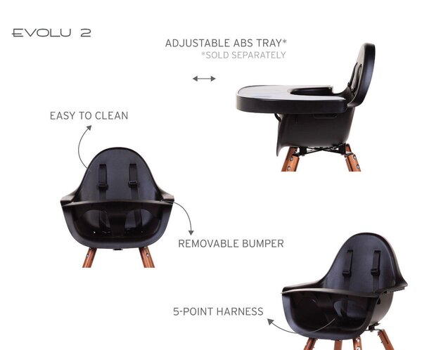 Childhome Evolu 2 barošanas krēsls 2in1, ar drošības barjeru Nut Black - Childhome