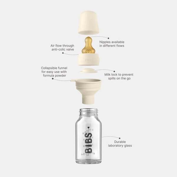 Bibs glass feeding bottle 110ml, Ivory - Bibs