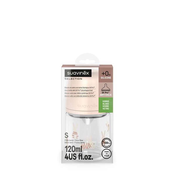 Suavinex klaasist lutipudel 120ml, Bunny Pink - Suavinex